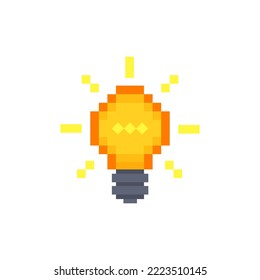 Color light bulb isolated on white background. Concept creative idea and innovation. Pixel art design. Vector 8 bit illustration.