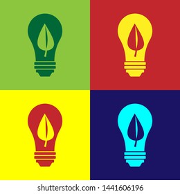 Color Light bulb with leaf icon isolated on color backgrounds. Eco energy concept. Alternative energy concept. Vector Illustration