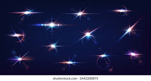 Color light flashes realistic vector illustration set. Glowing sparks in deep space 3d elements on transparent background. Sci-fi template