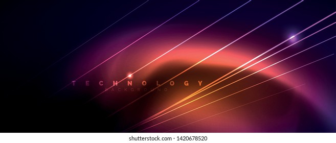 Color light with lines, outer space background, bright rays, vector template