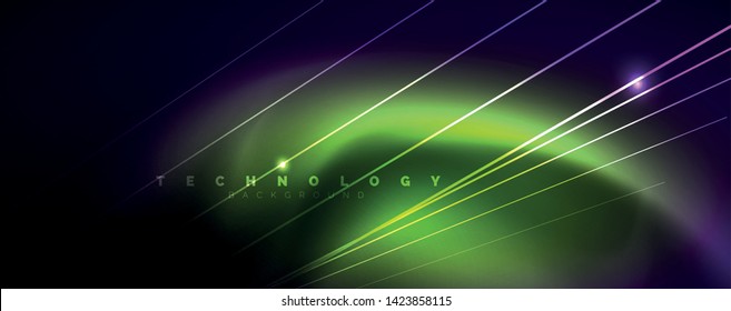 Color light with lines, outer space background, bright rays, vector template