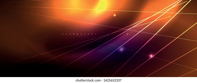 Color light with lines, outer space background, bright rays, vector template