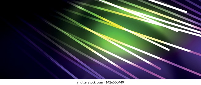 Color light with lines, outer space background, bright rays, vector template