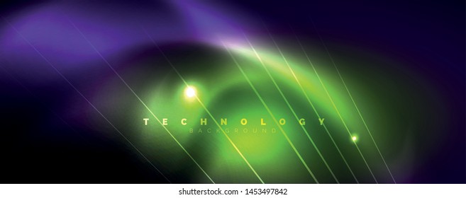 Color light with lines, outer space background, bright rays, vector template