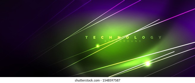 Color light with lines, outer space background, bright rays, vector template