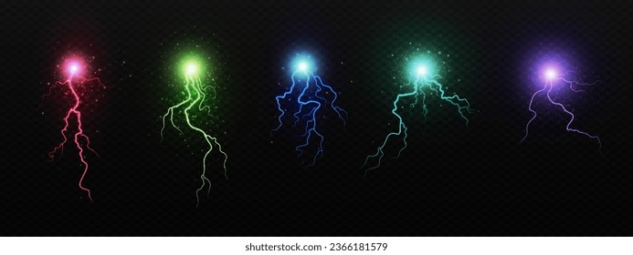 Color lightning bolts set isolated on transparent background. Vector realistic illustration of magic energy strike, electric discharge, thunderbolt flash, crack in sky, fantasy storm design elements