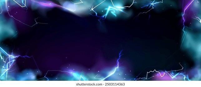 Color lightning frame isolated on black background. Vector realistic illustration of thunderbolt border with blurred fog effect, neon flash cracks for nightclub banner design, magic power strike