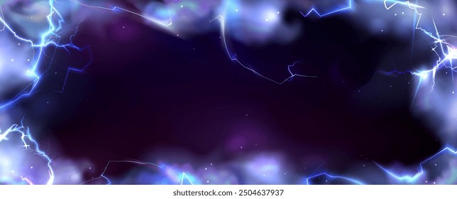 Color lightning frame isolated on black background. Vector realistic illustration of thunderbolt border with blurred fog effect, neon flash cracks for nightclub banner design, magic power strike