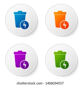 Color Lightning with trash can icon isolated on white background. Waste to energy. Garbage bin sign. Recycle basket sign. Set icons in circle buttons. Vector Illustration