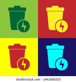 Color Lightning with trash can icon isolated on color backgrounds. Waste to energy. Garbage bin sign. Recycle basket sign. Vector Illustration