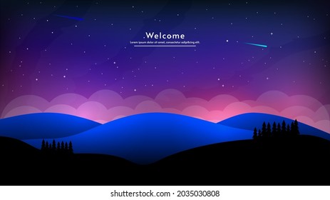 Color lights at night landscape. Cartoon 2d style. Bright lights, comets and stars in the dark sky. View from forest to hill. Vector illustration. Vector silhouette valley and forest.