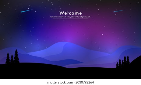 Color lights at night landscape. View from forest to mountain.  Dancing lights, comets and stars in the sky. Norway concept. Vector illustration.  Vector silhouette valley and forest.