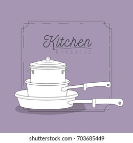 color lilac background with decorative frame vintage and set silhouette stack of pots and pans kitchen utensils vector illustration
