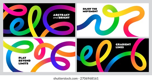 Conjunto de fondo Abstractas de línea de color. Patrón de degradado de forma de onda. Gráficos 3D de Vector curvado con divertidas cintas de arco iris. Kit de póster de líneas dinámicas onduladas.