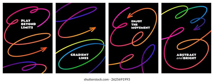 Color Line Abstract Shapes. Gradient Pattern Elements on Black Background. Vector Squiggle Arrows. Dynamic Graphic Sketch Waves.