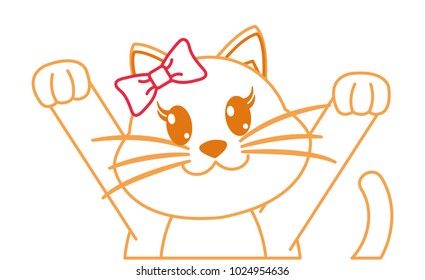 color line adorable female cat with hands up