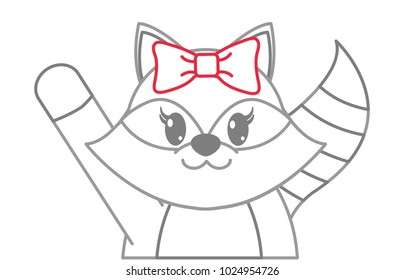 color line adorable female raccoon animal with hand up