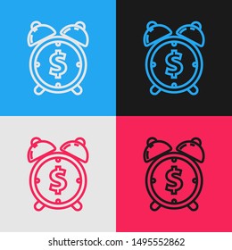 Color line Alarm clock with dollar symbol icon isolated on color background. Time is money. Effective time management. Business concept. Vintage style drawing. Vector Illustration