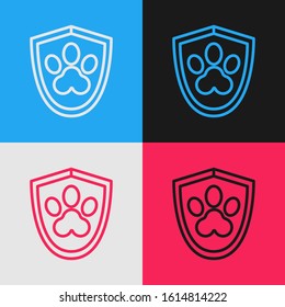 Color line Animal health insurance icon isolated on color background. Pet protection icon. Dog or cat paw print. Vintage style drawing. Vector Illustration