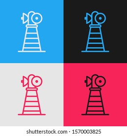 Color line Antenna icon isolated on color background. Radio antenna wireless. Technology and network signal radio antenna. Vintage style drawing. Vector Illustration