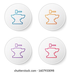 Color line Anvil for blacksmithing and hammer icon isolated on white background. Metal forging. Forge tool. Set icons in circle buttons. Vector Illustration