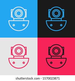 Color line Aqualung icon isolated on color background. Diving helmet. Diving underwater equipment. Vintage style drawing. Vector Illustration