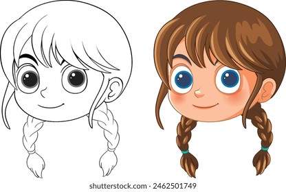 Color and line art of a cartoon girl with braids