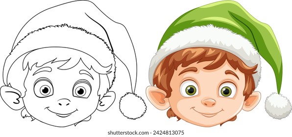 Color and line art of a cheerful Christmas elf.
