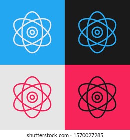 Color line Atom icon isolated on color background. Symbol of science, education, nuclear physics, scientific research. Electrons and protons sign. Vintage style drawing. Vector Illustration