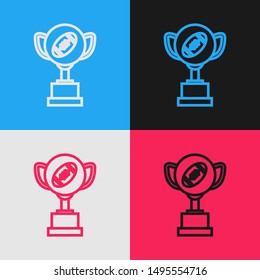 Color line Award cup and American football ball icon isolated on color background. Winner trophy symbol. Championship or competition trophy. Vintage style drawing. Vector Illustration