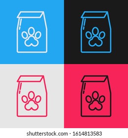 Color line Bag of food for pet icon isolated on color background. Food for animals. Pet food package. Dog or cat paw print. Vintage style drawing. Vector Illustration