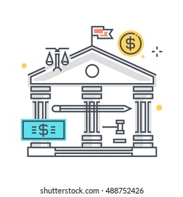 Color line, bank law illustration, icon, background and graphics. The illustration is colorful, flat, vector, pixel perfect, suitable for web and print. Linear stokes and fills.