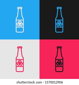 Color line Beer bottle with four leaf clover icon isolated on color background. Happy Saint Patricks day. Vintage style drawing. Vector Illustration