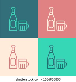 Color line Beer bottle and glass icon isolated on color background. Alcohol Drink symbol.  Vector Illustration