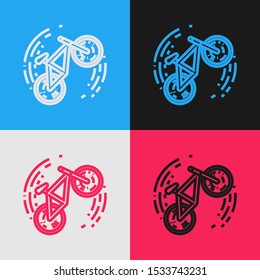 Color line Bicycle trick icon isolated on color background. Bike race. Extreme sport. Sport equipment. Vintage style drawing. Vector Illustration