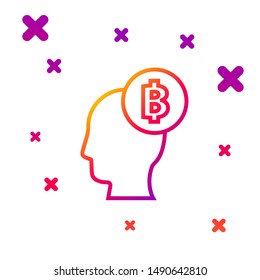 Color line Bitcoin think icon isolated on white background. Cryptocurrency head. Blockchain technology, digital money market, cryptocoin wallet. Gradient random dynamic shapes. Vector Illustration