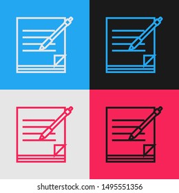 Color line Blank notebook and pen icon isolated on color background. Paper and pen. Vintage style drawing. Vector Illustration