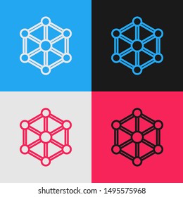 Color line Blockchain technology icon isolated on color background. Cryptocurrency data. Abstract geometric block chain network technology business. Vintage style drawing. Vector Illustration
