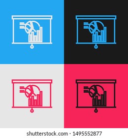Color line Board with graph chart icon isolated on color background. Report text file icon. Accounting sign. Audit, analysis, planning. Vintage style drawing. Vector Illustration