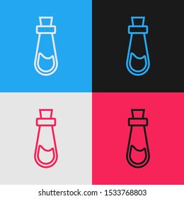 Color line Bottle with potion icon isolated on color background. Flask with magic potion. Happy Halloween party. Vintage style drawing. Vector Illustration