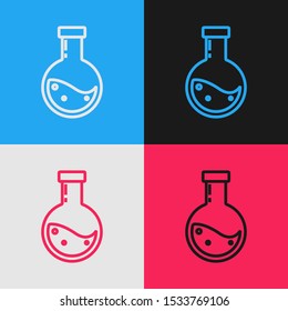 Color line Bottle with potion icon isolated on color background. Flask with magic potion. Happy Halloween party. Vintage style drawing. Vector Illustration