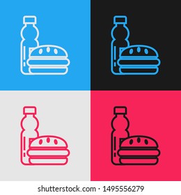 Color line Bottle of water and burger icon isolated on color background. Soda aqua drink sign. Hamburger, cheeseburger sandwich. Fast food menu. Vintage style drawing. Vector Illustration