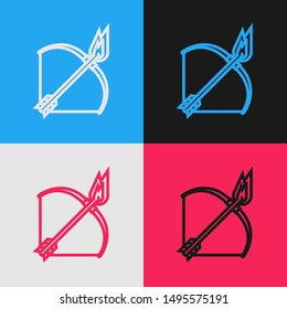 Color line Bow and fire arrow icon isolated on color background. Vintage style drawing. Vector Illustration