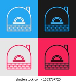 Color line Brick stove icon isolated on color background. Brick fireplace, masonry stove, stone oven icon.Vintage style drawing. Vector Illustration