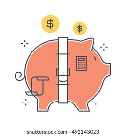 Color line, budget, piggy bank illustration, icon, background and graphics. The illustration is colorful, flat, vector, pixel perfect, suitable for web and print. Linear stokes and fills.