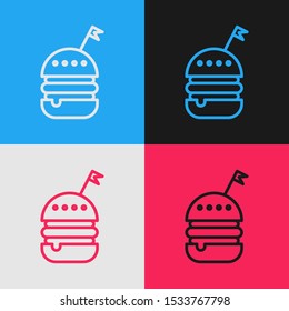Color line Burger icon isolated on color background. Hamburger icon. Cheeseburger sandwich sign. Fast food menu. Vintage style drawing. Vector Illustration