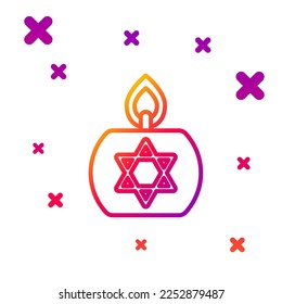 Color line Burning candle in candlestick with star of david icon isolated on white background. Cylindrical candle stick with burning flame. Gradient random dynamic shapes. Vector