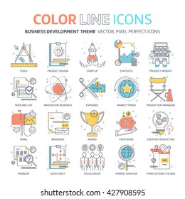 Color line, business development illustrations, icons, backgrounds and graphics. The illustration is colorful, flat, vector, pixel perfect, suitable for web and print. It is linear stokes and fills.