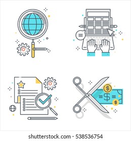 Color line, business development illustrations, icons, backgrounds and graphics. The illustration is colorful, flat, vector, pixel perfect, suitable for web and print. It is linear stokes and fills.