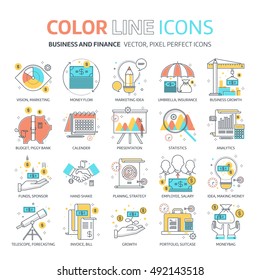 Color Line, Business And Finance Illustrations, Icons, Backgrounds And Graphics. The Illustration Is Colorful, Flat, Vector, Pixel Perfect, Suitable For Web And Print. It Is Linear Stokes And Fills.